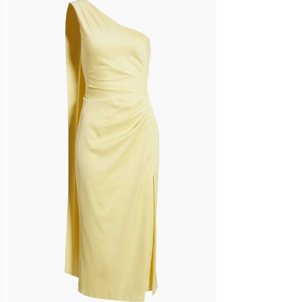 MISHA One Shoulder Pastel Neon Green Drape Midi Cocktail Dress